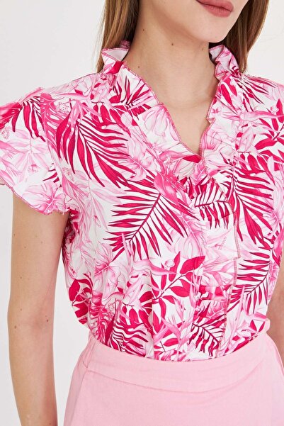 armonika Women's Fuchsia Blouse with Ruffled Collar and Sleeves Arm-25Y 001028