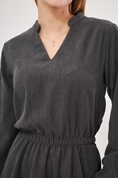 armonika Smoked Velvet Flared Dress - V-Neck, Elastic Waist, Slim Corduroy Arm-25K 001049