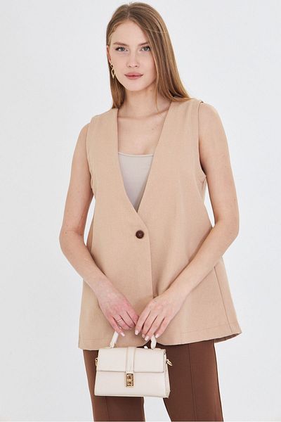 armonika Γυναικείο Μπεζ V-λαιμόκοψη μονό κουμπί Oversize Γιλέκο ARM-25Y 001036