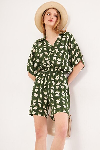 armonika Women's Khaki Tria Jumpsuit Shirt Collar Pocket Patterned Short ARM-24Y001023