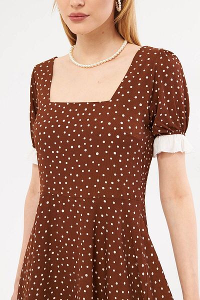 armonika Brown Polka Dot Mini Dress - Square Collar, Ruffle Detail, Watermelon Sleeve - ARM-24Y001051