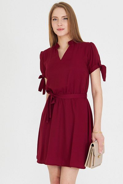 armonika Women's Burgundy Judge Collar Sleeve Tie-Up Elastic Waist Belt Short Dress Arm-23Y 001088