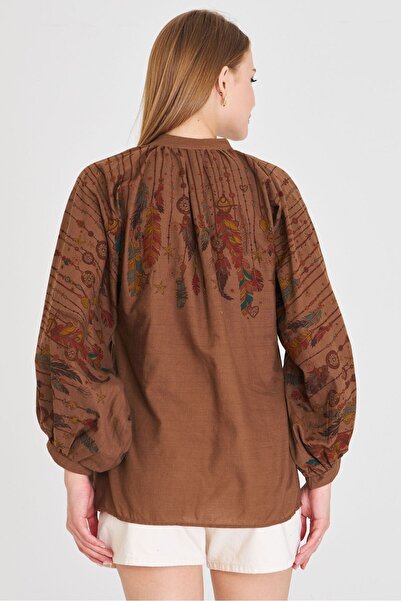 armonika Women's Brown Judge Collar Balloon Sleeve Blouse Arm-25Y001052