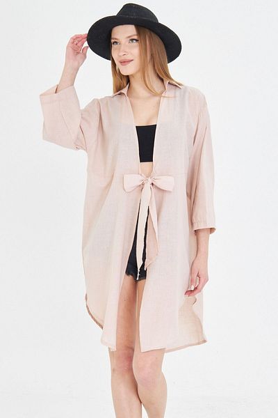 armonika Cămașă kimono midi bej - cravată în față, in subțire, ARM-24Y001081