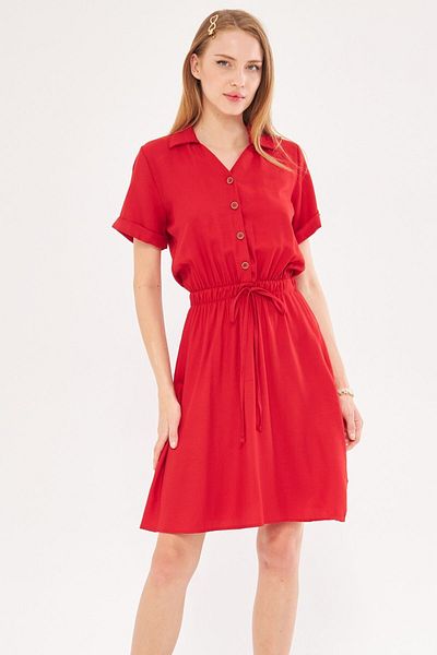 armonika Red Short Sleeve Shirt Dress - Elastic Waist ARM-23Y001035