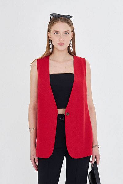 armonika Women's Red V-Neck Single Button Oversize Vest Arm-25Y 001036