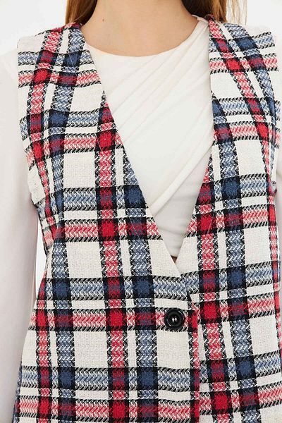 armonika Women's Red V-Neck Single Button Oversize Plaid Vest Arm-25K 001111