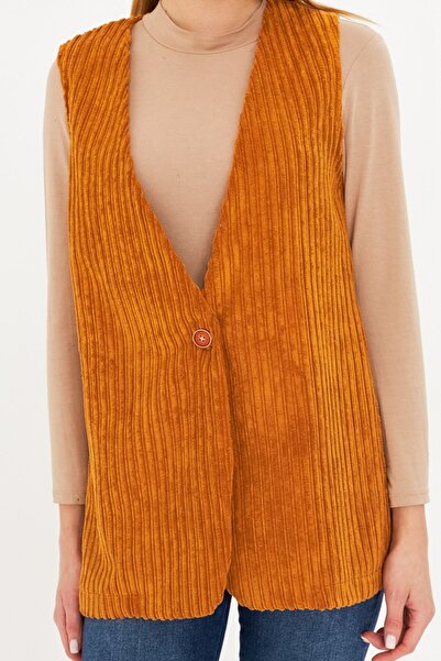 armonika Кадифена жилетка с V-образно деколте в цвят горчица - с едно копче, дебела оребрена дръжка ARM-25K001016