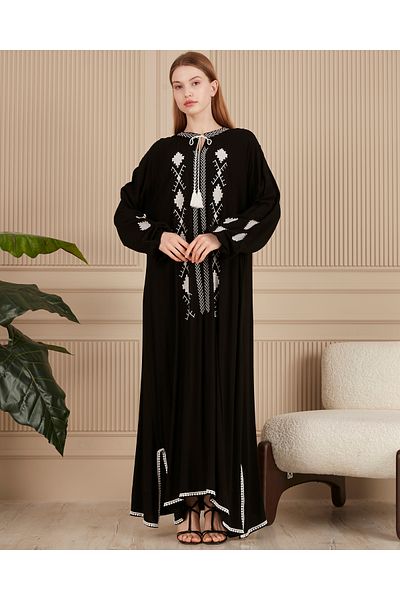 EL jadida Women's Embroidered Plus Size Viscose Long Dress Black