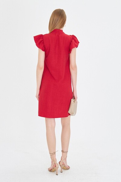 armonika Women's Red V-Neck Dress with Ruffled Sleeves and Tie Detail Arm-25Y 001022