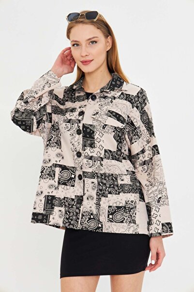 armonika Γυναικείο μπουφάν πουκάμισο με μπεζ σχέδιο με λεπτομέρεια τσέπης ARM-25K 001071