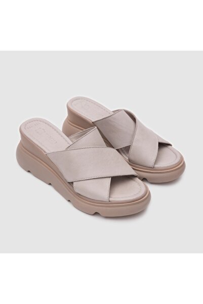 TOGO Buz Gri Hakiki Deri Kadın Dolgu Topuk Terlik [060224]