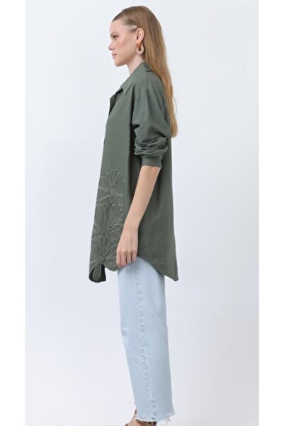 Puane Women's Chest and Skirt Part Embroidery Detail High Quality Fabric Handwork Detail Tunic Shirt