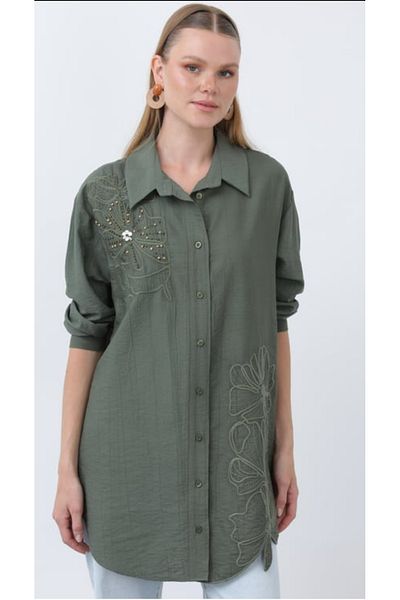 Puane Women's Chest and Skirt Part Embroidery Detail High Quality Fabric Handwork Detail Tunic Shirt