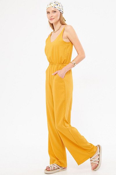 armonika Mustard Women's Jumpsuit - Front and Back V-neck, Strap, Elastic Waist, Pocket and Lined ARM-24Y 001100