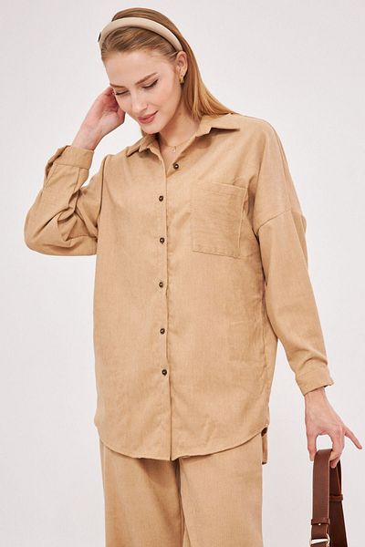 armonika Γυναικείο μπεζ oversize λεπτό κοτλέ πουκάμισο με τσέπες ARM-24K001076