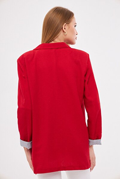 armonika Women's Red Double-Breasted Collar Sleeve Fold Detailed Oversize Padded Blazer Jacket Arm-25K 001015