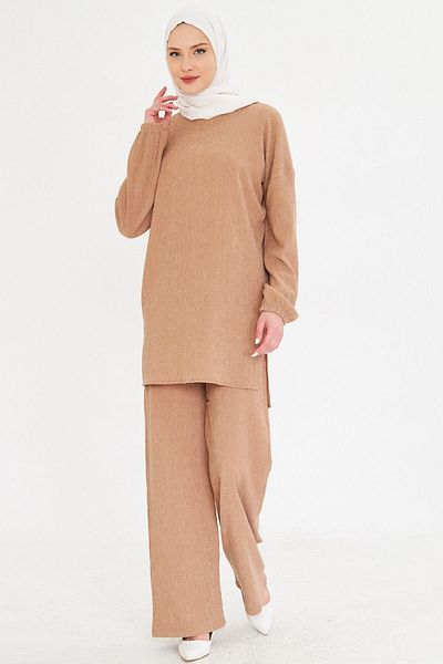 armonika Beige Hijab Two-Piece Set - Neck Neck with Elastic Sleeves and Slit Pants Arm-25K 001109