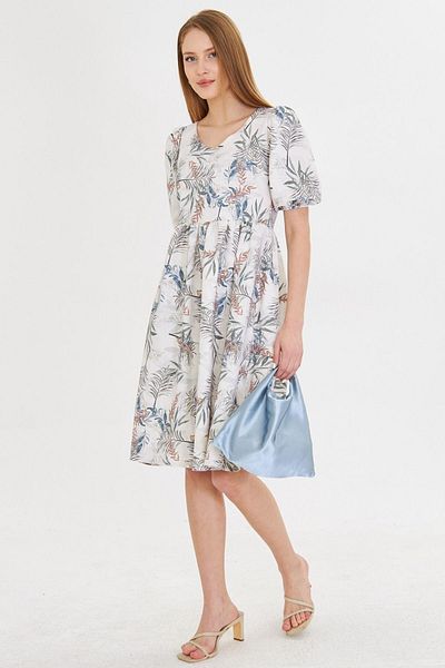 armonika Rochie midi pentru femei, crem, cu decolteu în U, cu mâneci, talie elastică, cu șnur ARM-25Y 001003