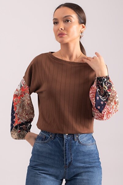armonika Γυναικεία μπλούζα με μπαλόνι πλεκτό μανίκι καφέ ARM-20K081001