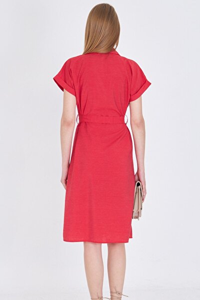 armonika Women's Red Waist Belt Short Sleeve Shirt Dress Arm-25Y001065