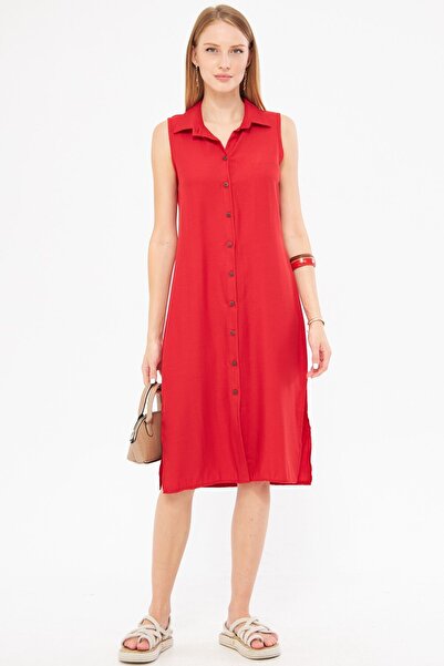 armonika Red Buttoned Collar Women's Dress - ARM-17Y00028