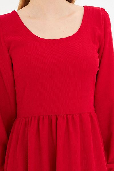 armonika Women's Red U-Neck Back Zipper Elastic Waist Midi Length Velvet Dress Arm-25K 001103
