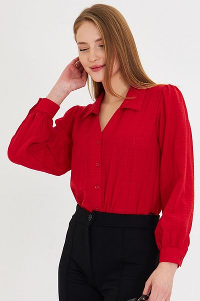 armonika Women's Red V Neck Balloon Sleeve Wrap Shirt Arm-25K 001088