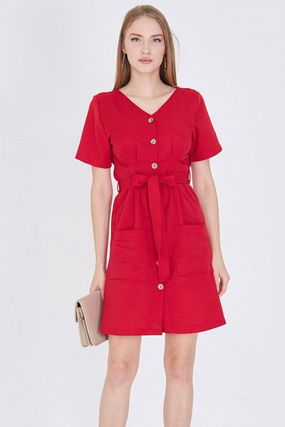 armonika Women's Red Button Belted Cuff Detail V Neck Dress Arm-23Y001026