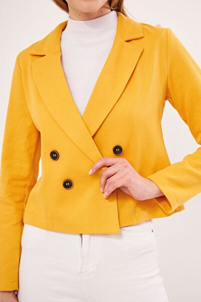 armonika Women's Mustard Double Breasted Collar Gabardine Crop Jacket ARM-24Y001010