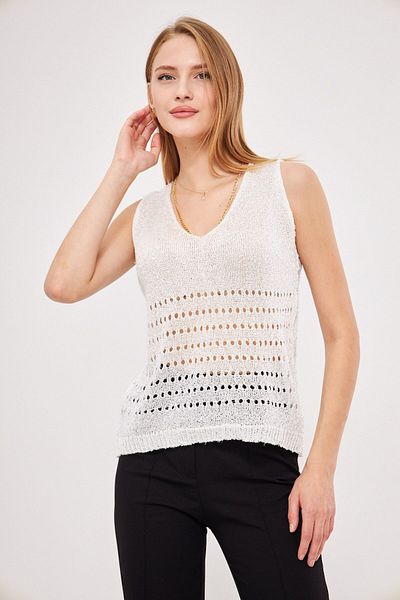 armonika Women's White V-Neck Hollowed-Out Lace Tank Top Arm-25K 012015
