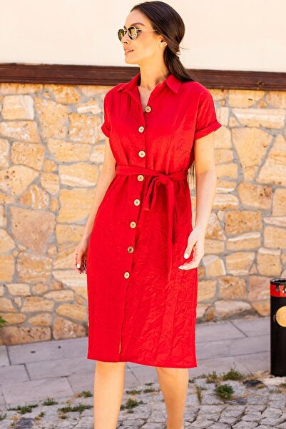 armonika Women's Red Waist Belted Short Sleeve Shirt Dress Arm-19Y001068