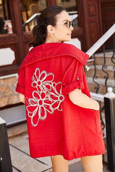 armonika Women's Red Back Floral Printed Seasonal Jacket ARM-20K024030