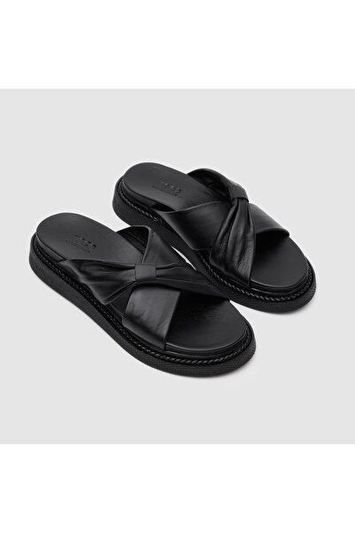 TOGO Siyah Hakiki Deri Kadın Comfort Terlik [060185]
