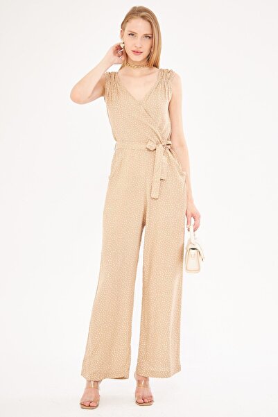 armonika Double Breasted Collar and Shoulder Detailed Cream Jumpsuit - V Belted, Long ARM-24Y001049