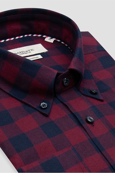 Abbate Luis Twill Cotton Sport Comfort Fit Burgundy Plaid Button Collar Men's Shirt