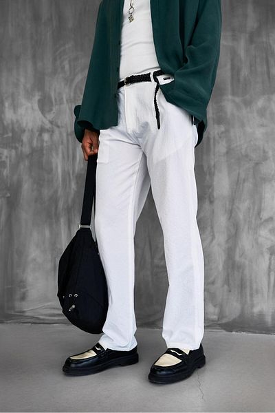 ablukaonline Men's Textured Thin Fabric Regular Fit Trousers White
