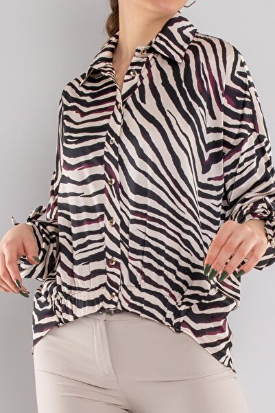 AYHAN 50630-5 Gradient Zebra Pattern Sleeve End Drawstring Satin Blouse