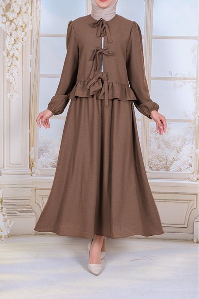 Modamorfo Lace-Up Front Sleeve Elastic Skirt Suit - Brown