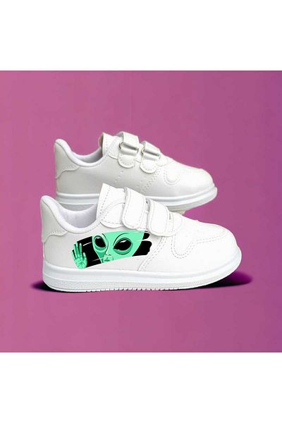 LİASSHOES Hello Green Printed White Children's Sports Shoes Sneaker