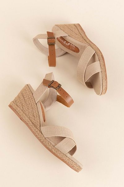 Gondol Women's Linen Fabric Filled Heel Straw Sole Platform Sandals Ell.7132 Beige