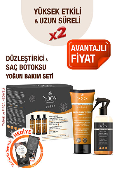 YOON 3'lü Uzun Süren Düzleştirici & Saç Botoxu Kiti, Tuzsuz Şampuan 250ml Saç...