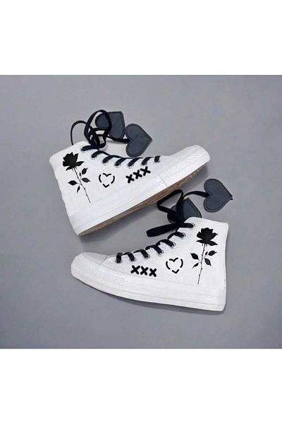 LİASSHOES Pantofi sport pentru copii din in alb - pantofi cu șireturi cu inimă cu imprimeu trandafir negru