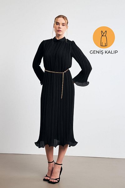 Setre Rochie neagră cu gât țesut cu talie detaliată, lungime midi, model lat