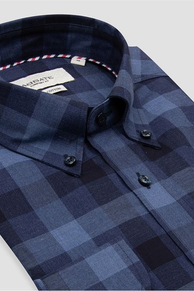 Abbate Luca Twill Cotton Sports Comfort Fit Navy Blue Checkered Button Collar Men's Shirt