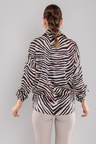 AYHAN 50630-5 Gradient Zebra Pattern Sleeve End Drawstring Satin Blouse
