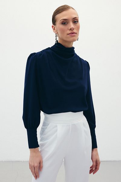 Sateen Bluză Bleumarin - Drapa Detaliată
