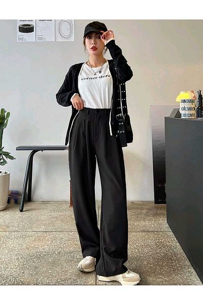 mor butik Purple Butik Women's Black Palazzo Oversize Relaxed Cut Pants Negy01001