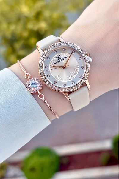 Daniel Klein Rose Cord Cream Color 2 Years Warranty Women's Wristwatch and Gift Bracelet Dkgnct61