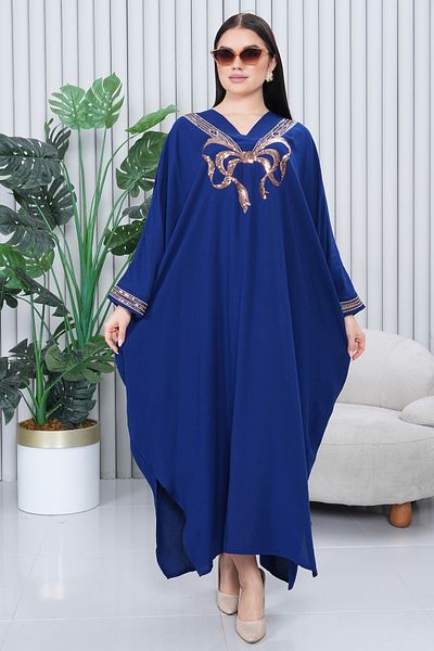 EL jadida Women's Sequin Sequin Embroidered Plus Size Viscose Long Dress Navy Blue